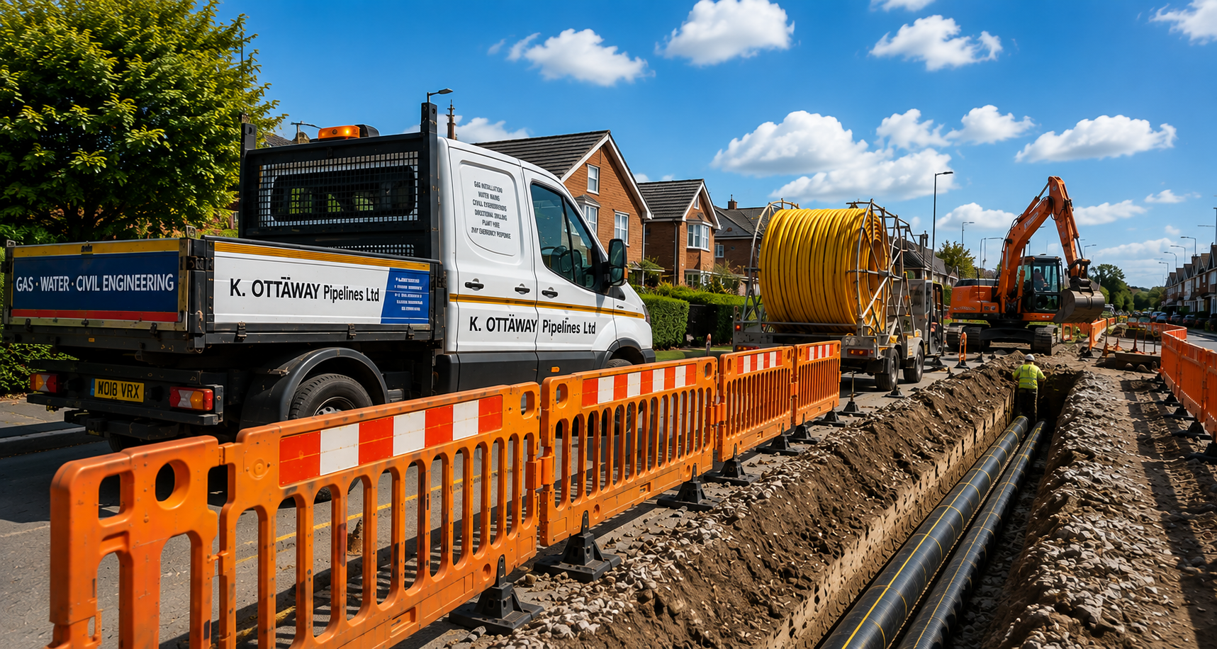 K.Ottaway Pipelines Ltd tipper truck, excavator and open trench during a residential gas main installation
